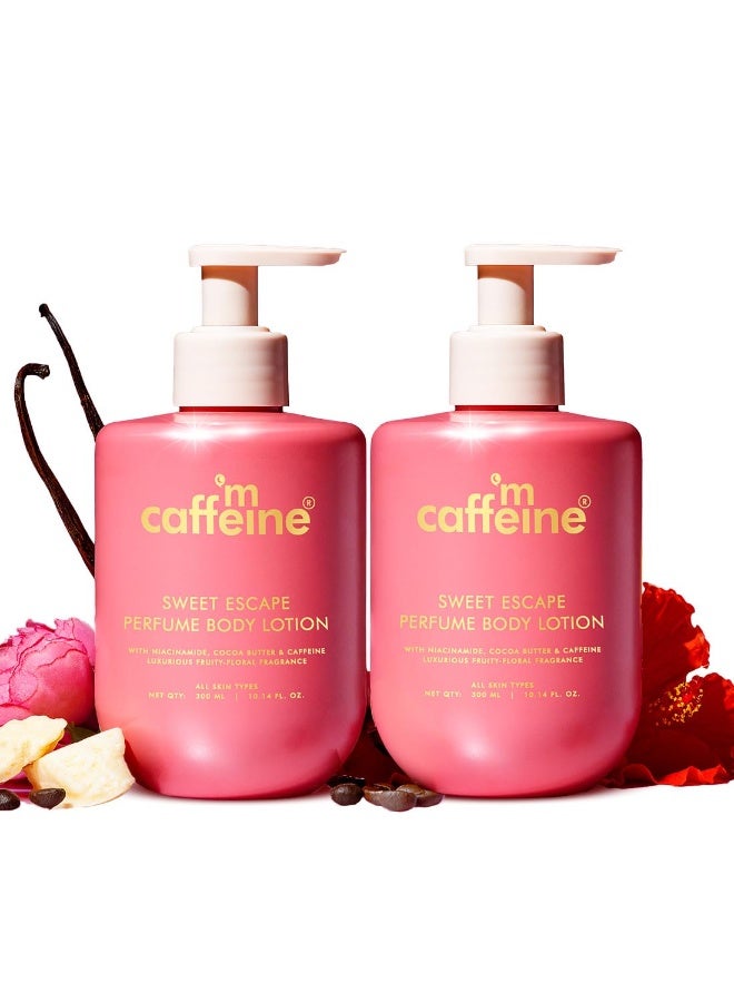 إم كافيين لوشن الجسم المعطر "سويت إسكيب" من إم كافيين | غني بالنياسيناميد وزبدة الكاكاو وزبدة الشيا لترطيب عميق | خفيف الوزن وغير لزج | عطر فاكهي زهري | لوشن للجسم للبشرة الجافة - 300 مل (عبوة من قطعتين) - Image 1